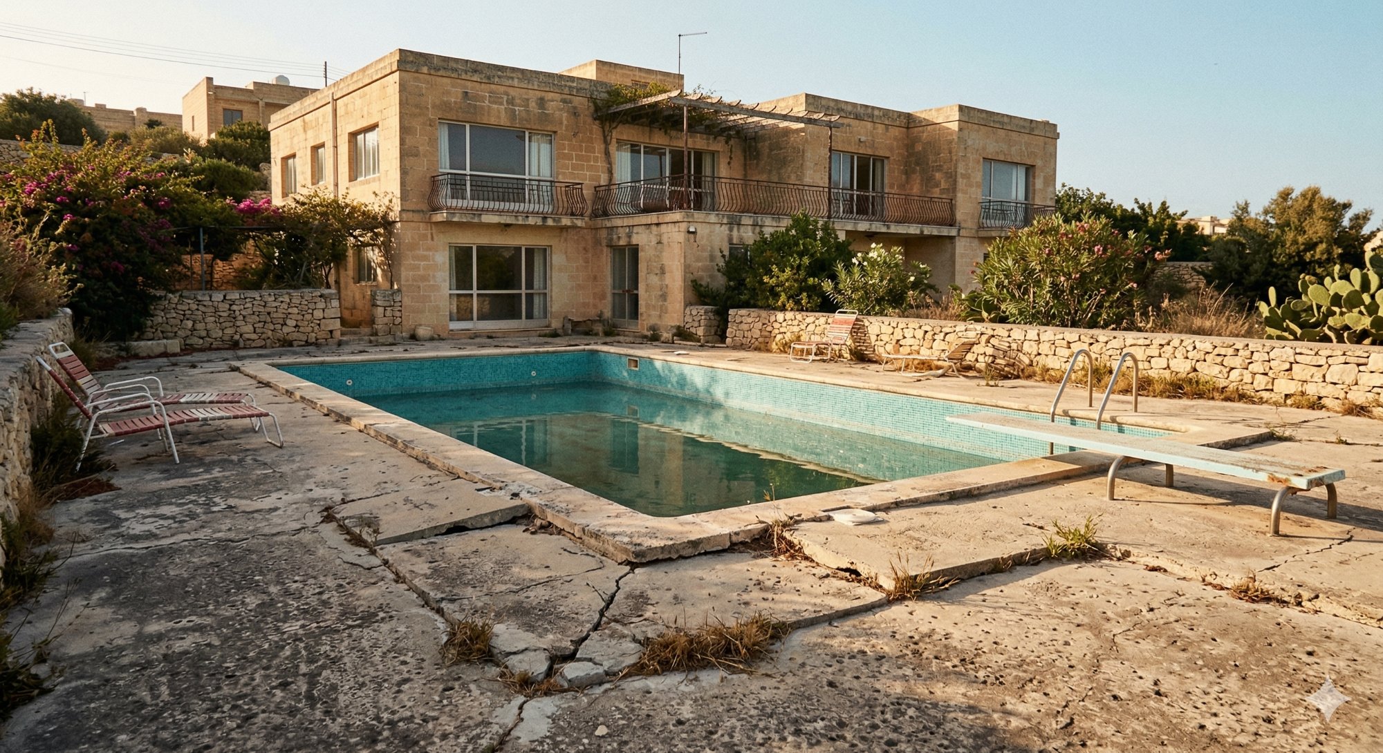 Neglected old swimming pool Malta — before renovation