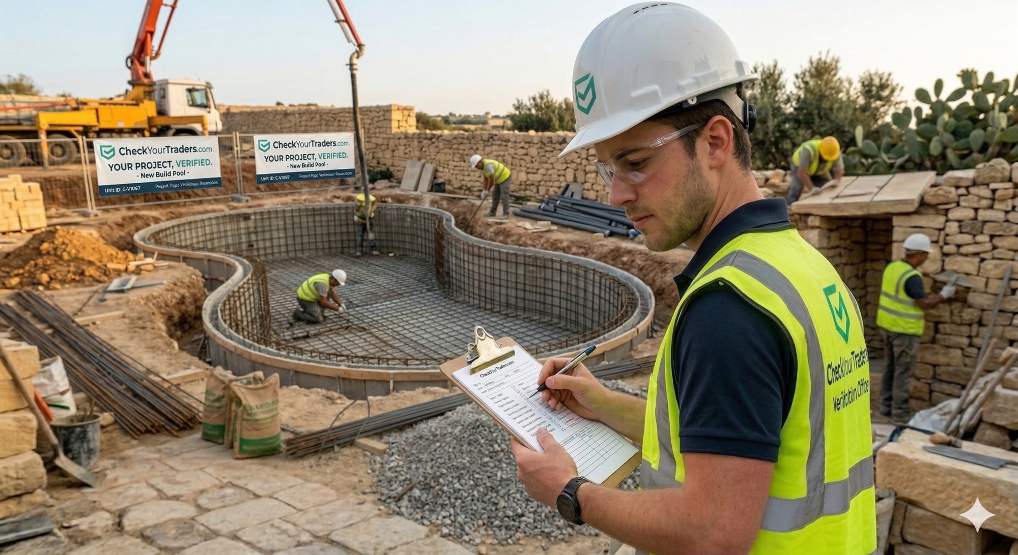 CheckYourPools.com Verification Officer on a Maltese pool build — Your Project, Verified